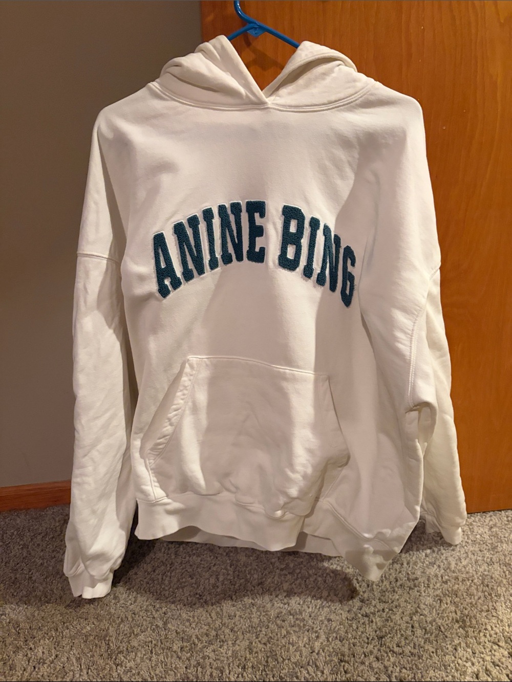 Anine Bing Cream Hoodie with Teal Logo